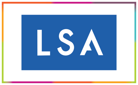 Logo with blue square and white "LSA" letters, framed by a rainbow border.